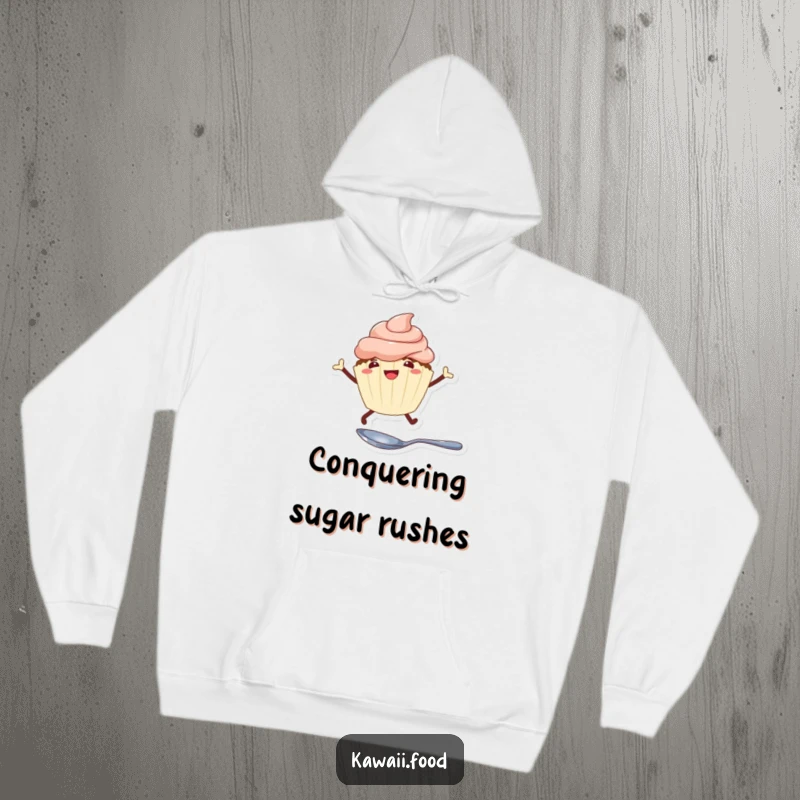 Funny cheerful cupcake with legs leaping over a tiny spoon on a warm hoodie, perfect for adding playful comfort.