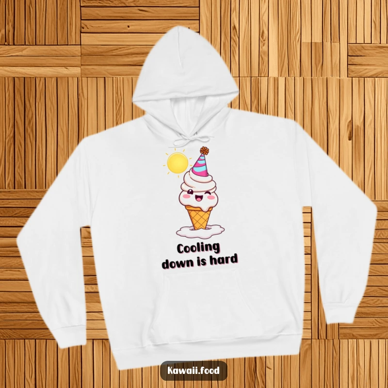 Funny ice cream cone with a party hat, comically melting under the hot sun. A warm and funny hoodie for summer lovers.