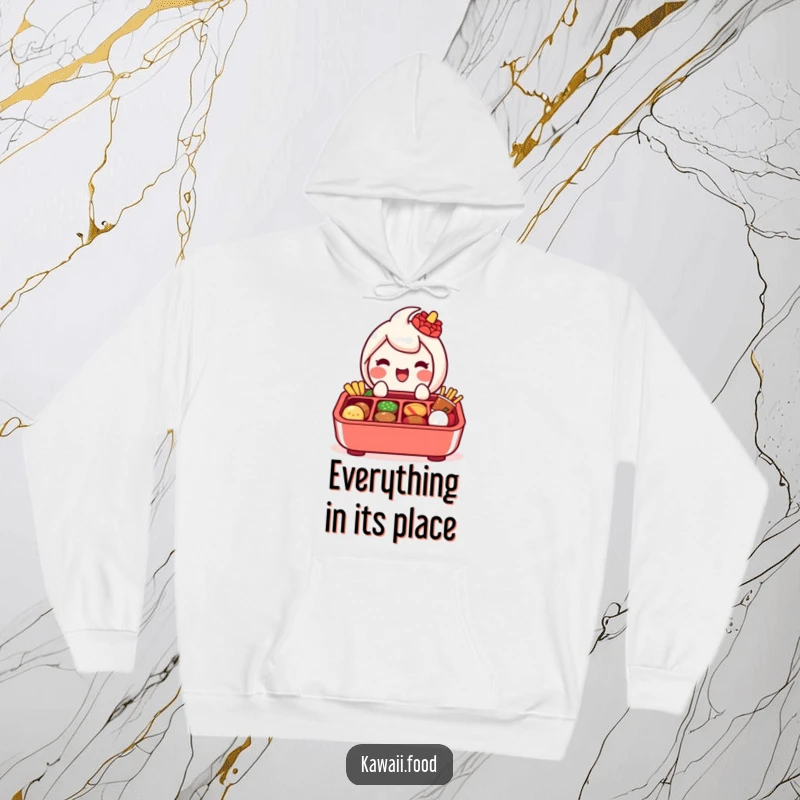 Funny hoodie featuring a delighted bento box character with compartments, cheerfully showcasing miniature food items within.