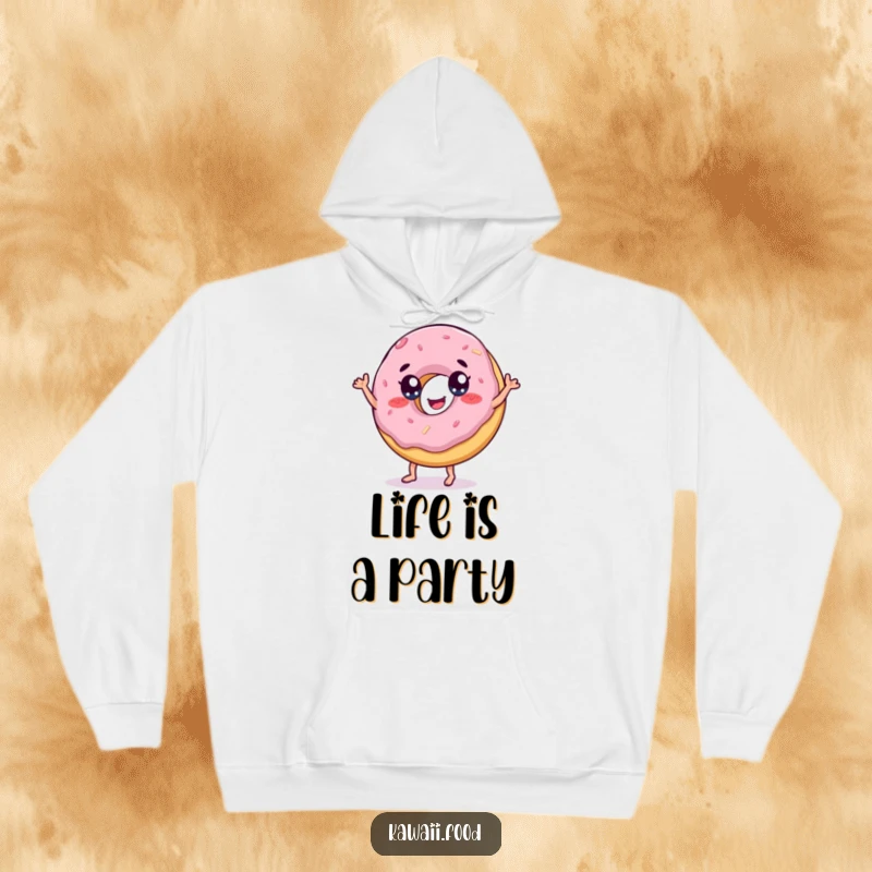 Funny hoodie with a cheerful donut with eyes doing a lively, playful dance, offering warmth and sweet charm.