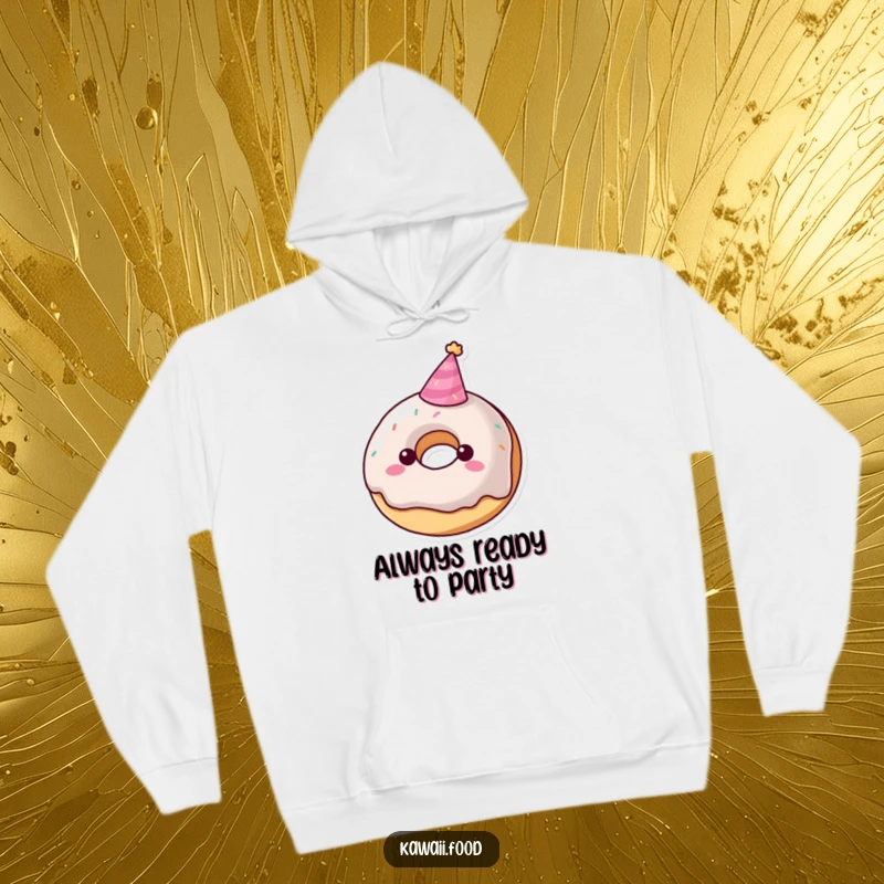 Funny donut character hoodie wearing a tiny party hat, cozy and festive sweet treat apparel, great funny gift.