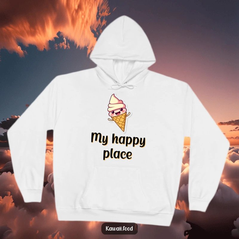 Funny hoodie featuring a smiling ice cream cone character, spinning with delight. Cozy, sweet, and full of fun.