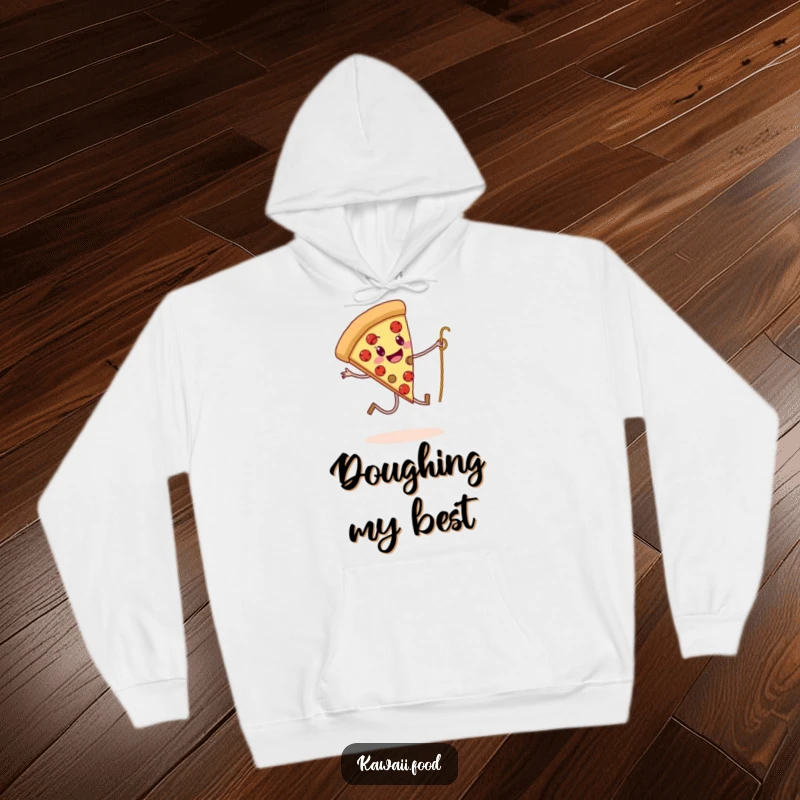 Funny hoodie showcasing a pizza slice with legs attempting to skip rope using a spaghetti strand, a comical culinary activity.