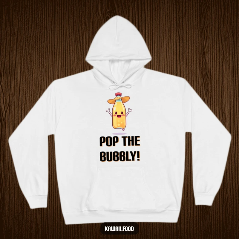 Funny soda bottle character with a straw hat doing a joyful jump, printed on a warm, comfortable hoodie.