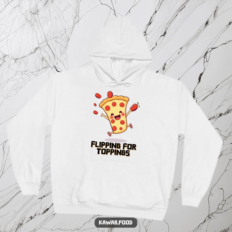Funny pizza character doing a cartwheel with pepperonis flying, featured on a soft and warm hoodie.