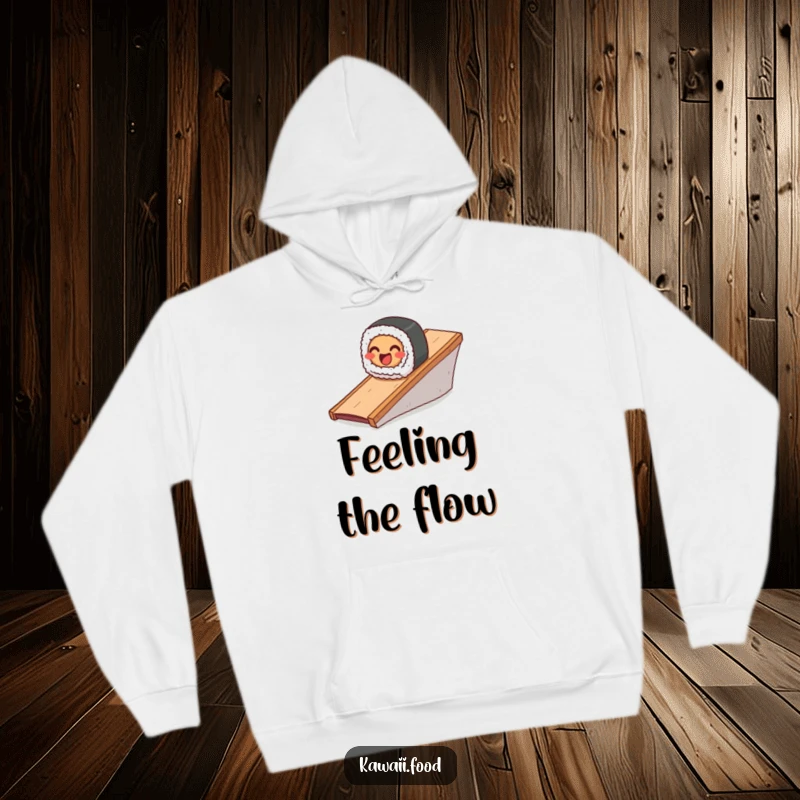 Funny hoodie with a smiling sushi roll character sliding down a ramp, offering comfort and a touch of playful Japanese food humor.