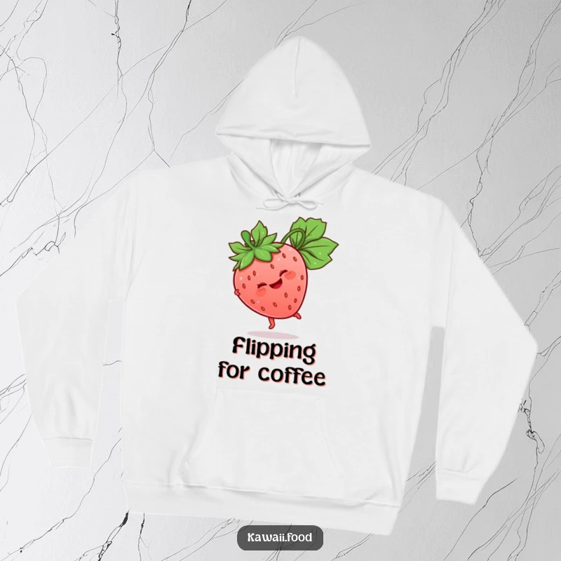 Funny Strawberry Hoodie showcasing a giggling strawberry character doing a cartwheel, its leaf stem playfully positioned, a cozy and fun piece.