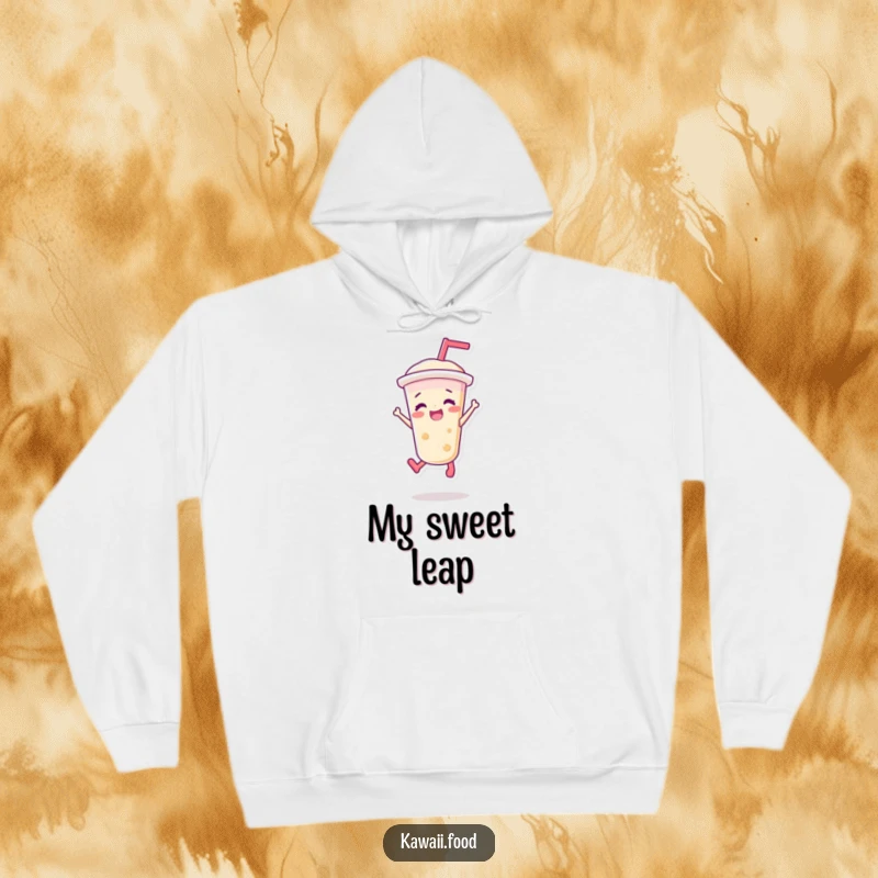 Funny hoodie featuring a vibrant bubble tea character in a joyful jump, perfect for staying warm while celebrating a love for bubble tea.