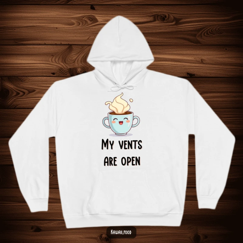 Funny hoodie showcasing a cheerful coffee cup character comically overflowing with steam, perfect for cozy, caffeinated days.