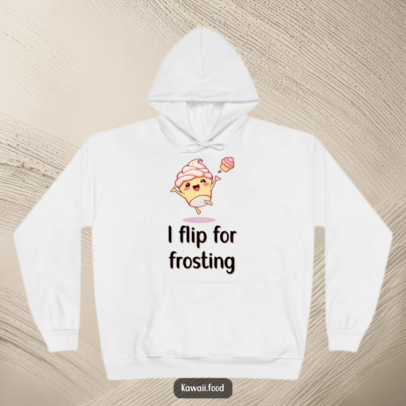 Funny hoodie depicting a playful cupcake character executing a cartwheel with frosting exploding outwards, perfect for staying warm and cheerful.