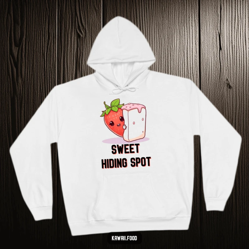 Funny curious strawberry wearing a leaf hat, peeking from behind a giant sugar cube, bringing sweet humor to this hoodie.