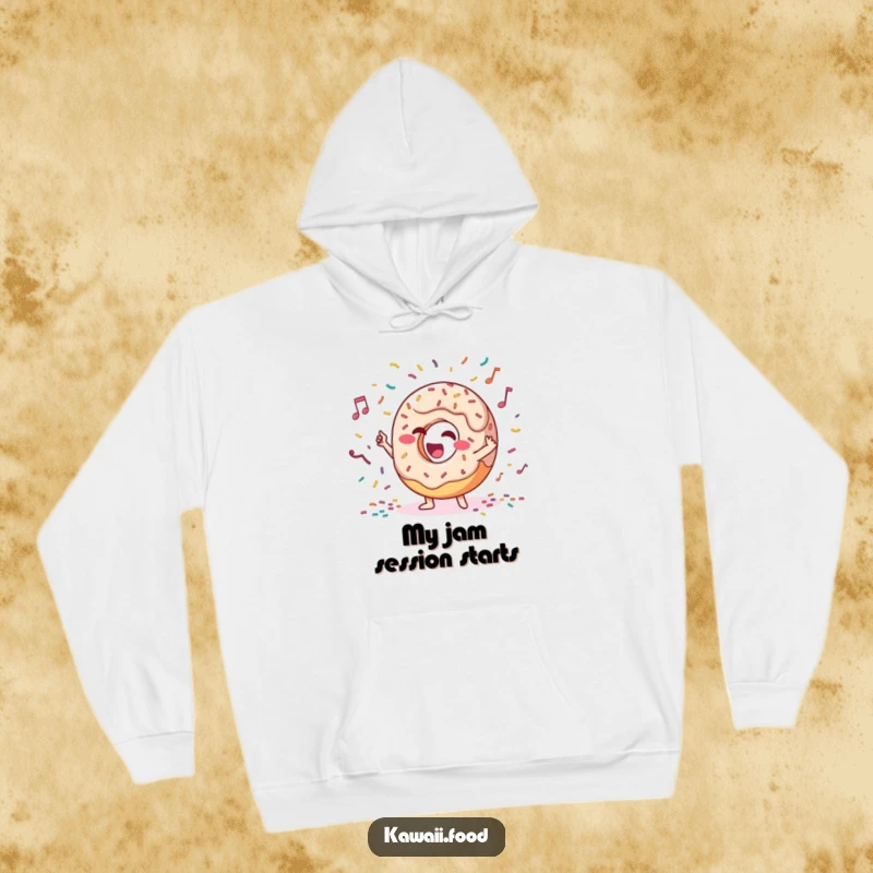 Funny hoodie showcasing a giggling donut character enthusiastically leading a vibrant orchestra of sprinkles, radiating warmth and joy.