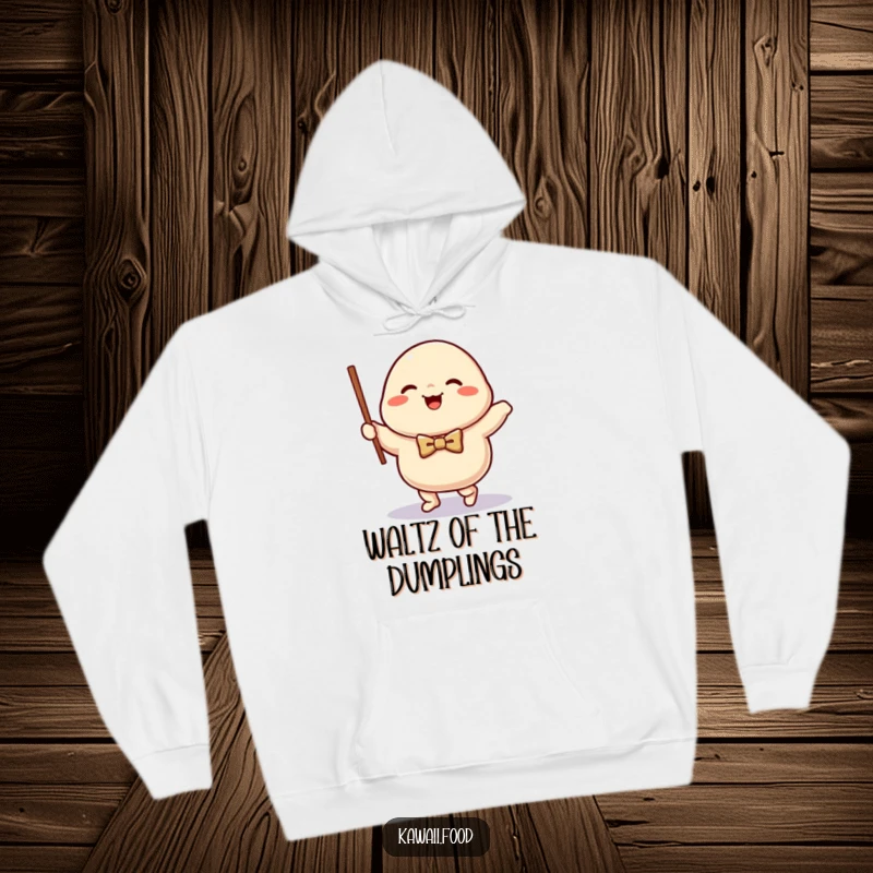 Funny happy dumpling character wearing a bow tie, gracefully waltzing with a chopstick, bringing cozy humor to this hoodie.