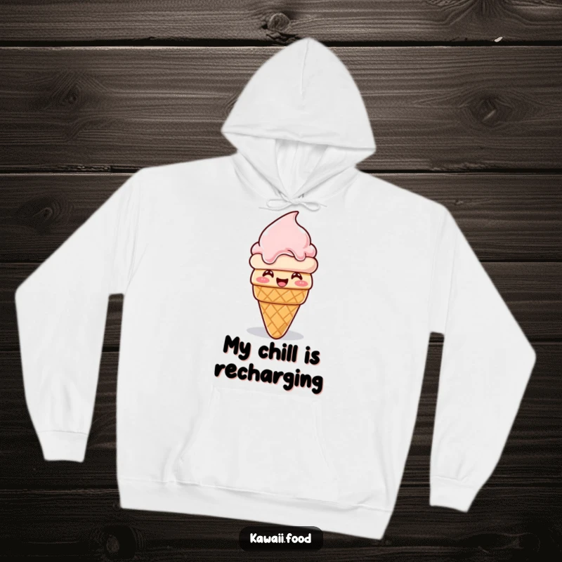 Funny ice cream cone hoodie, giggling and melting then reforming, a warm and humorous character enjoying a delightful chilly moment.