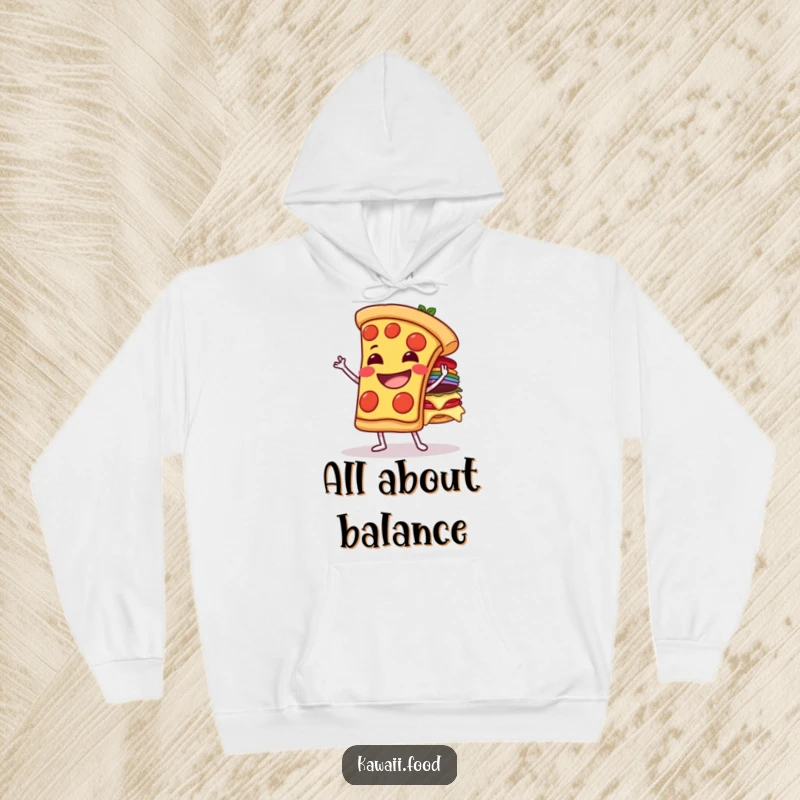 Funny grinning pizza slice character balancing toppings on a cozy hoodie, symbolizing delicious ambition and warmth.