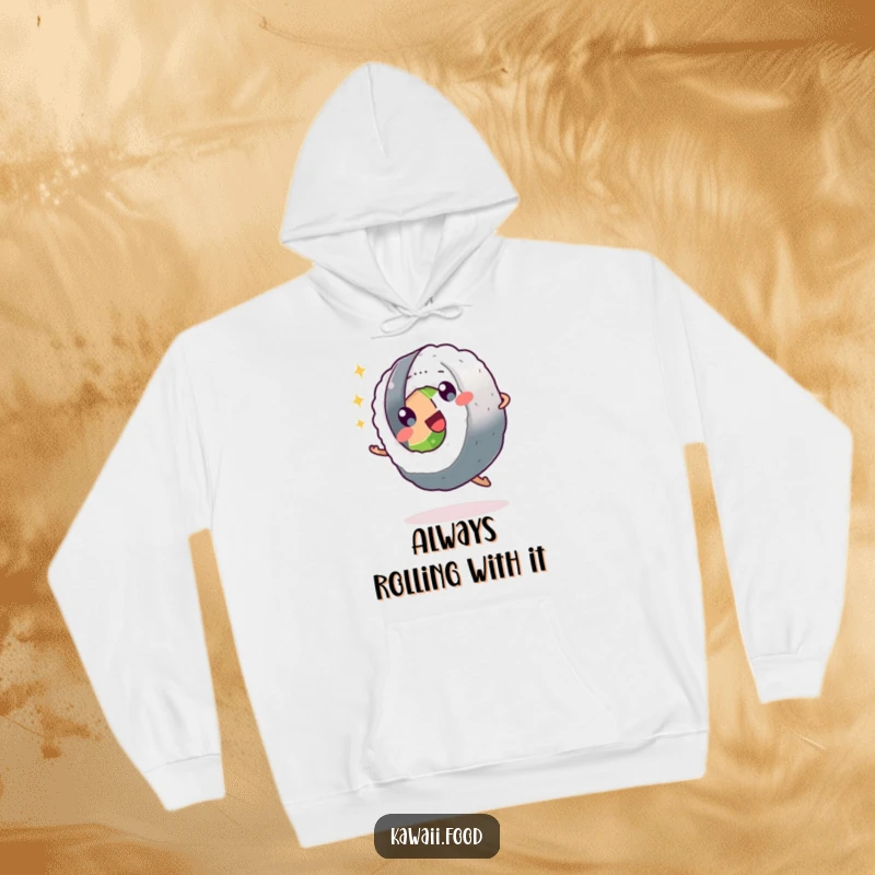 Funny sushi roll character doing a cartwheel with sparkling eyes on a cozy hoodie, symbolizing playful energy and comfort.