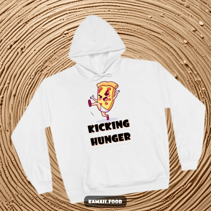 Funny hoodie featuring a determined pizza slice performing a high kick, offering warmth and a dynamic, humorous statement.