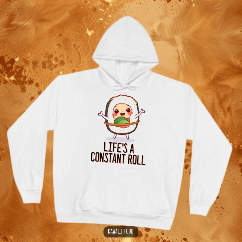 Funny hoodie depicting a cheerful sushi roll spinning a tiny hula hoop, soft and full of playful charm.