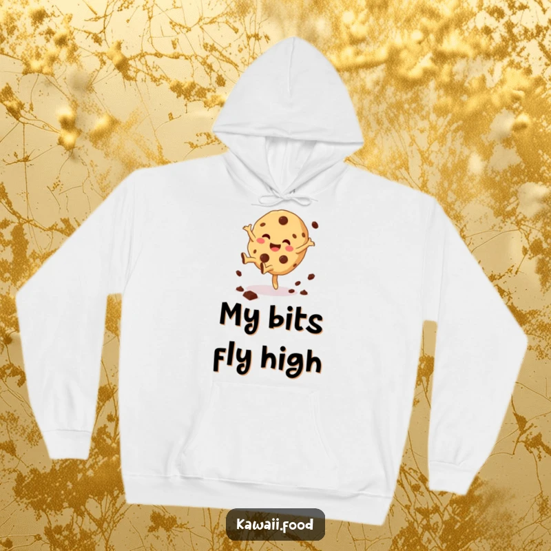 Funny Cookie Cartwheel Hoodie illustration of a giggling cookie character performing a cartwheel with chocolate chips scattering, a warm and funny item.