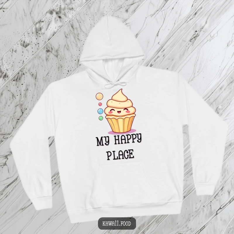 Funny hoodie featuring a delighted cupcake blowing bubbles, offering cozy warmth and a touch of sweet, magical humor.