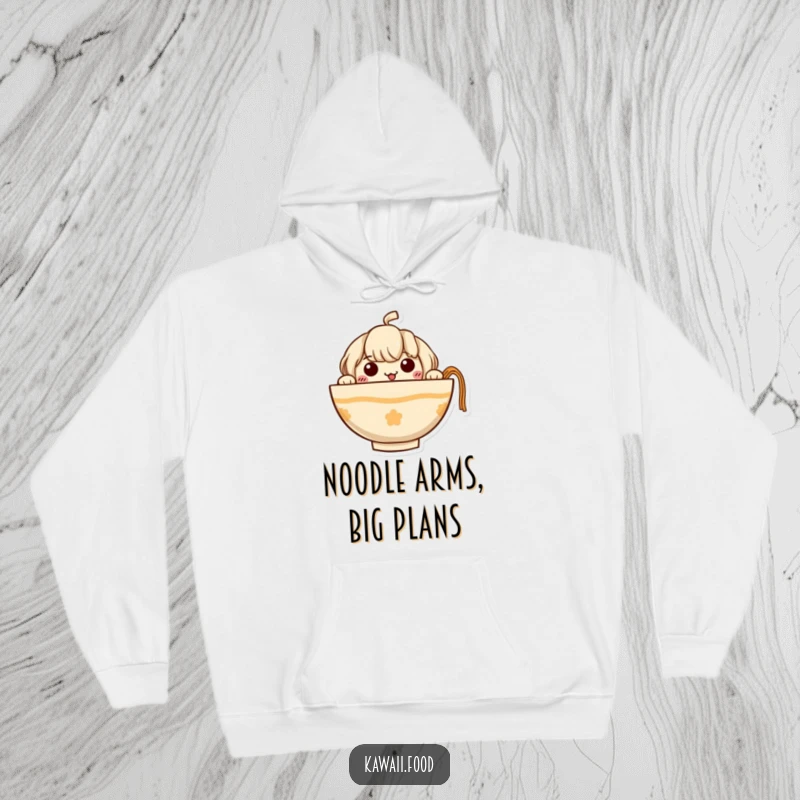 Funny Ramen Hoodie showcasing a curious ramen bowl character peeking out with its charming tiny noodle arms, a cozy and fun wear.