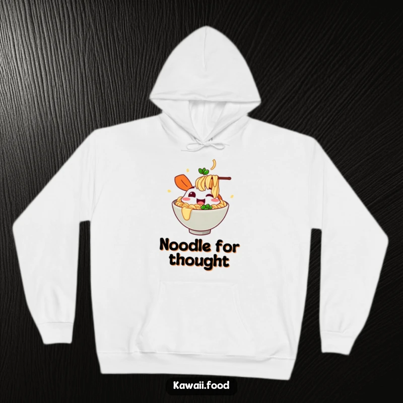 Funny cheerful ramen bowl character slurping imaginary noodles with glee on a cozy hoodie, symbolizing happy comfort and warmth.