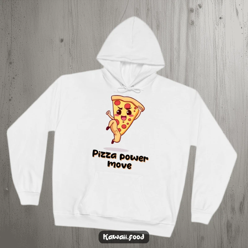 Funny Hoodie: Comfortable design of a determined pizza slice doing a high kick, combining warmth with action.