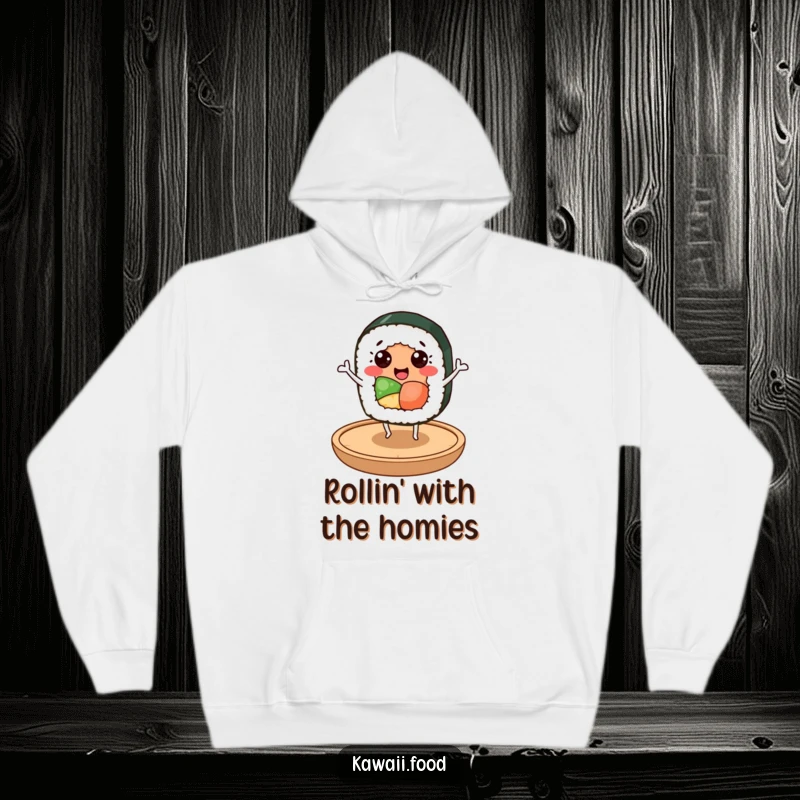 Funny sushi roll character with happy eyes dancing joyfully on a small wooden plate, depicted on a warm and humorous hoodie.