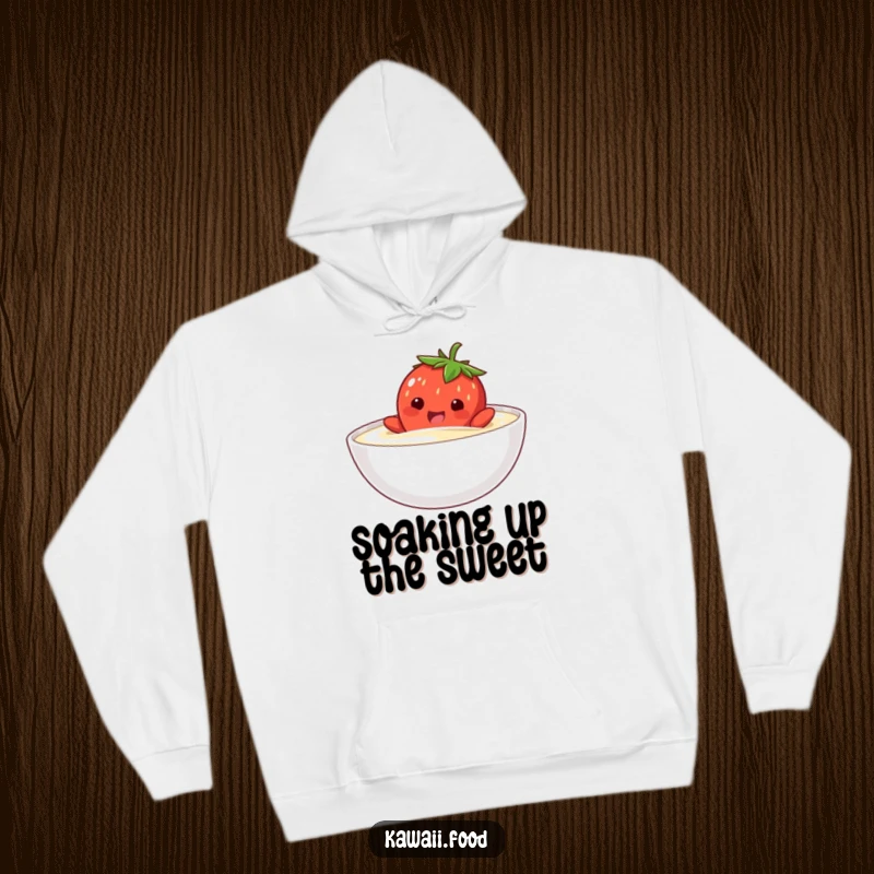 Funny hoodie showcasing a happy strawberry character comically attempting to swim in a bowl of cream, perfect for cozy days.