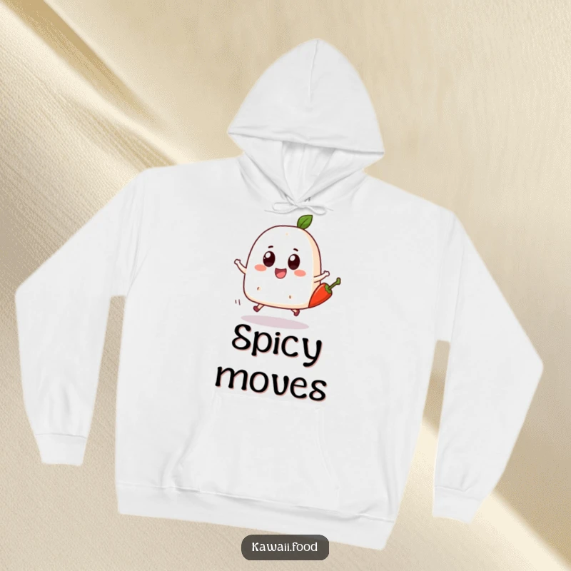 Funny Onigiri Skip Hoodie: A bouncing onigiri character with big eyes joyfully skipping with a chili pepper, perfect for cozy, spirited wear.