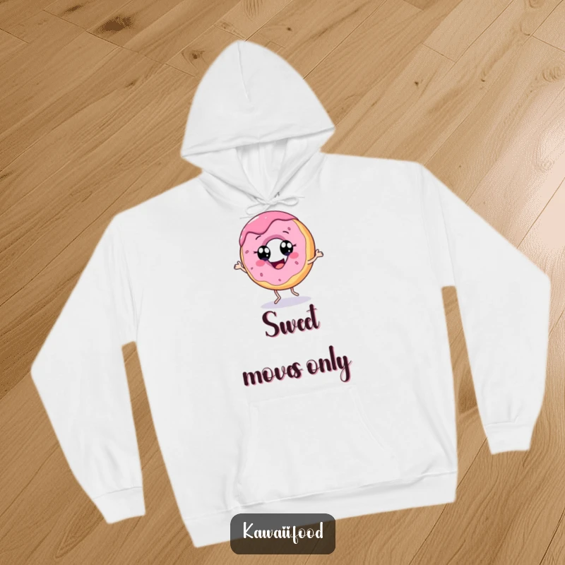 Funny hoodie featuring a cheerful donut character dancing with joy, offering comfort and a sweet dose of humor.