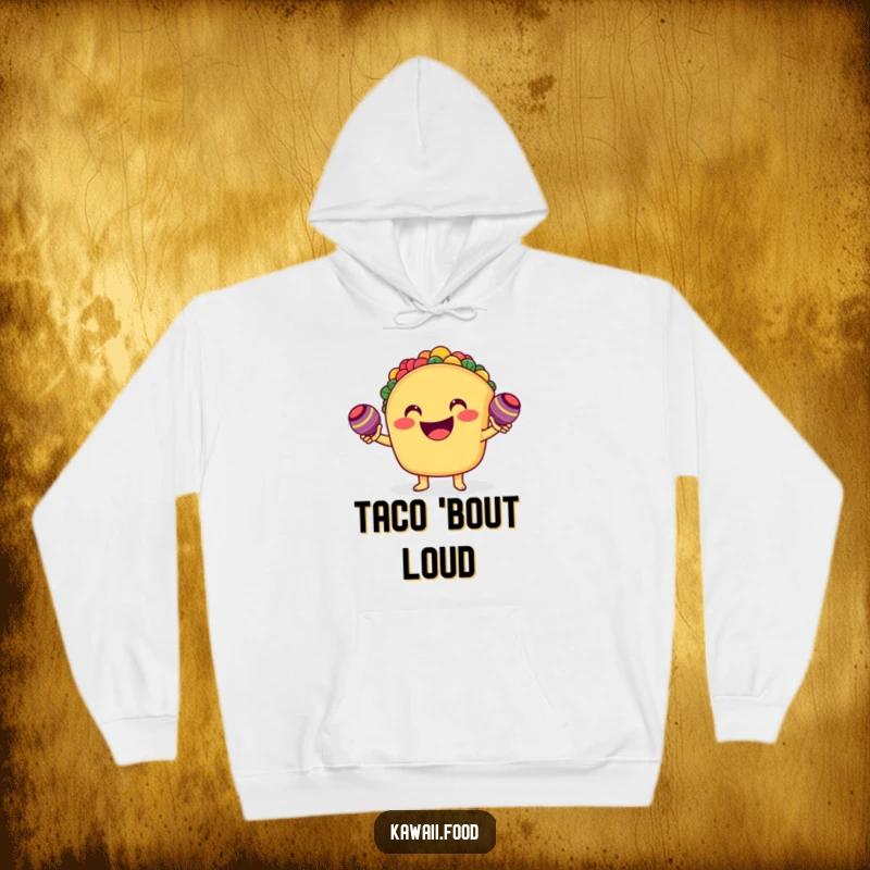 Funny smiling taco character enthusiastically shaking tiny maracas on a cozy hoodie, symbolizing festive spirit and warmth.