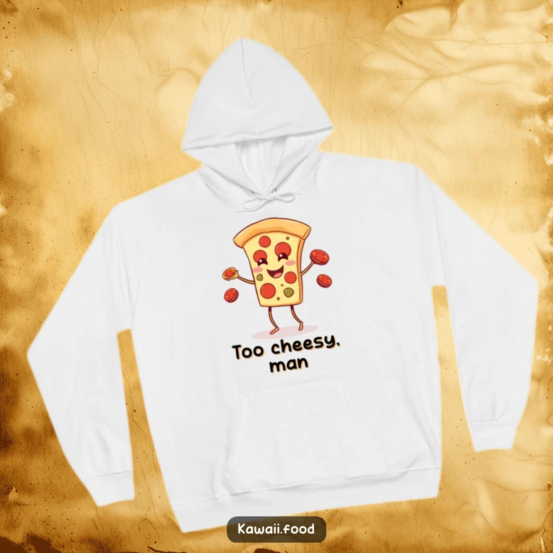 Funny pizza slice with legs juggling pepperoni toppings on a warm hoodie, perfect for casual wear and spreading laughter.
