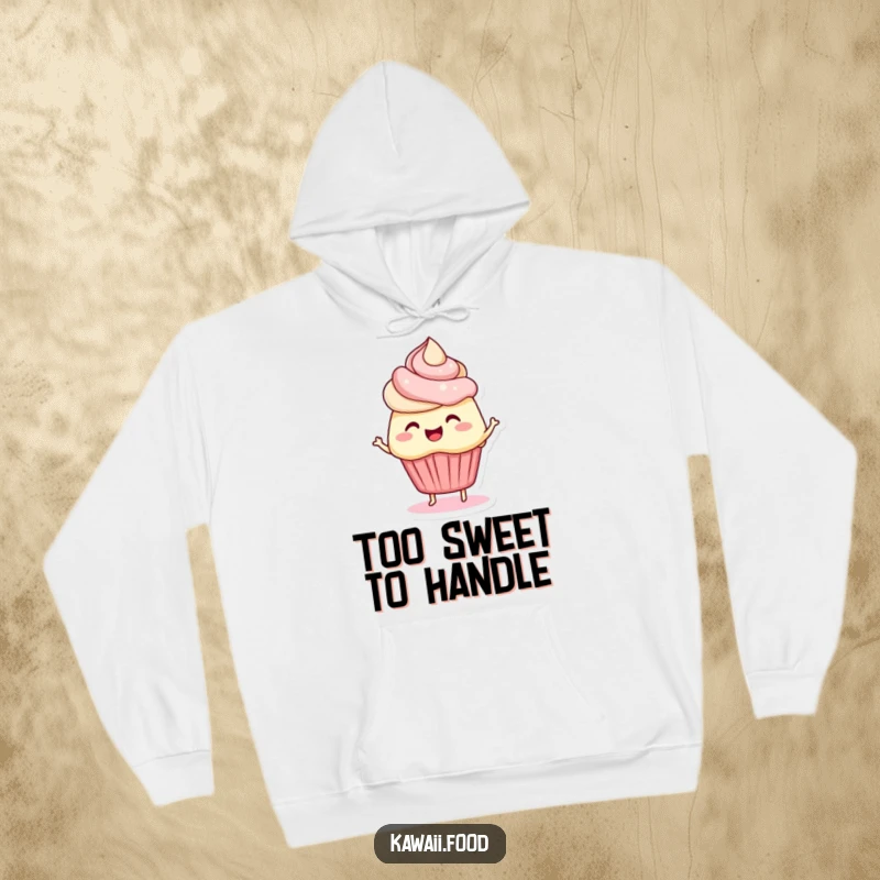 Funny hoodie displaying a 'bouncing cupcake' character with colorful frosting hair, wiggling its way into your heart. Cozy and delightful.