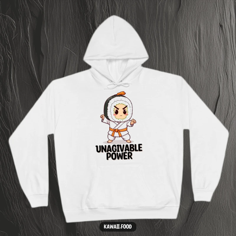 Funny hoodie featuring a sushi roll character wearing a black karate belt, practicing a dynamic chop. Cozy and action-packed.