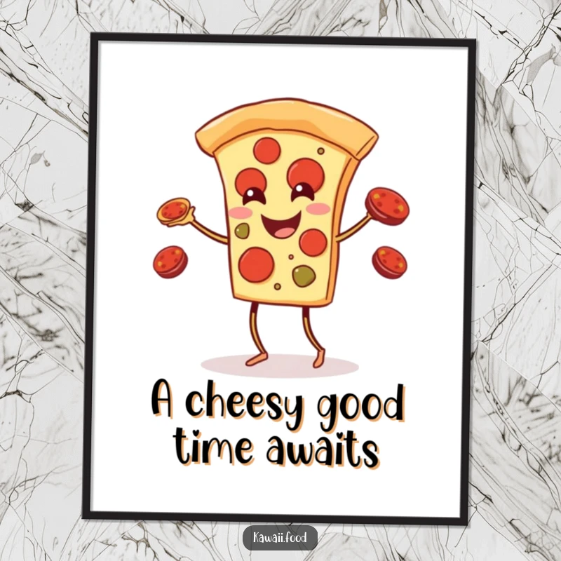 Funny Free Printable Wall Art: A smiling pizza slice with legs juggling pepperoni toppings, a whimsical and humorous piece of decor.