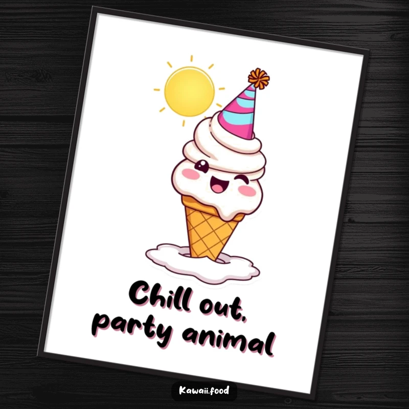Funny free printable wall art of a joyful ice cream cone character in a party hat, comically melting under a warm sun.