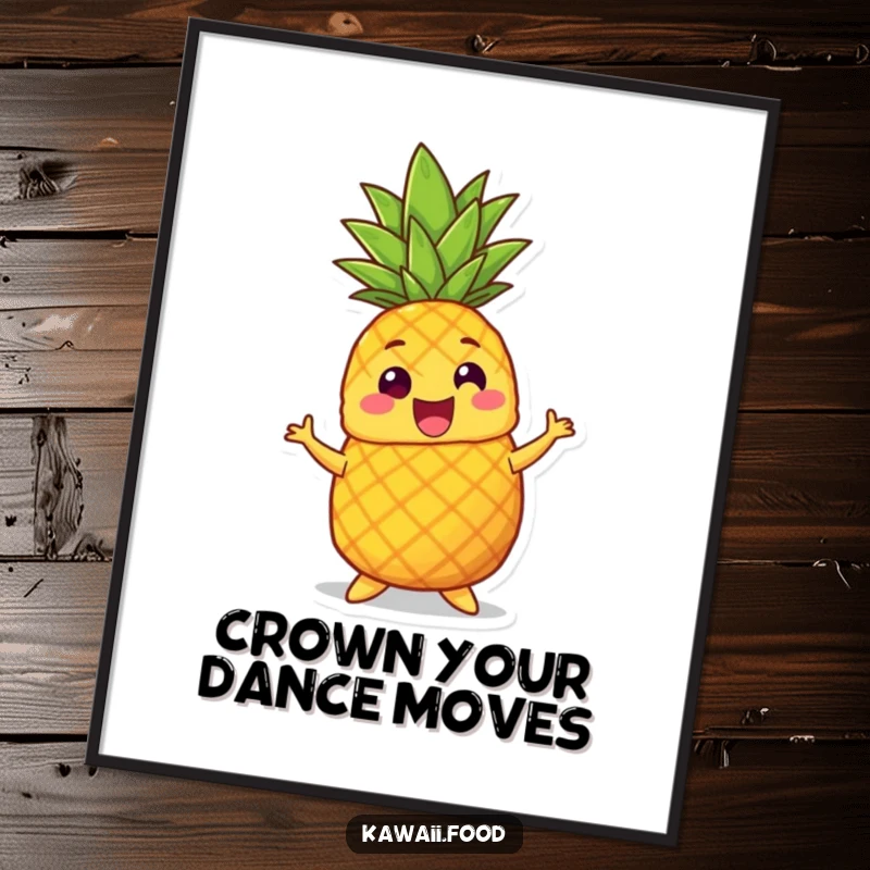 Funny Free Printable Wall Art: A smiling pineapple character doing a silly dance with its crown wiggling, creating a festive scene.