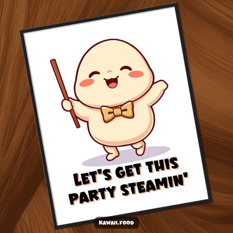 Funny Free Printable Wall Art: Happy dumpling character in a bow tie waltzing excitedly with a chopstick, whimsical decor.