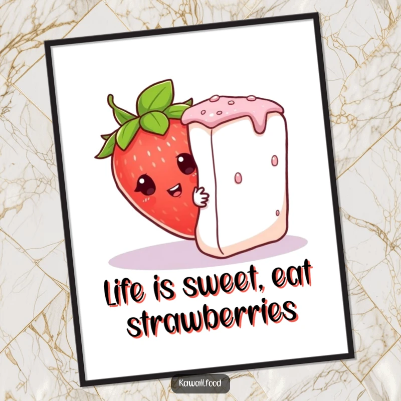 Funny Free Printable Wall Art: Curious strawberry character in a leaf hat peeking from behind a giant sugar cube, cute and funny.