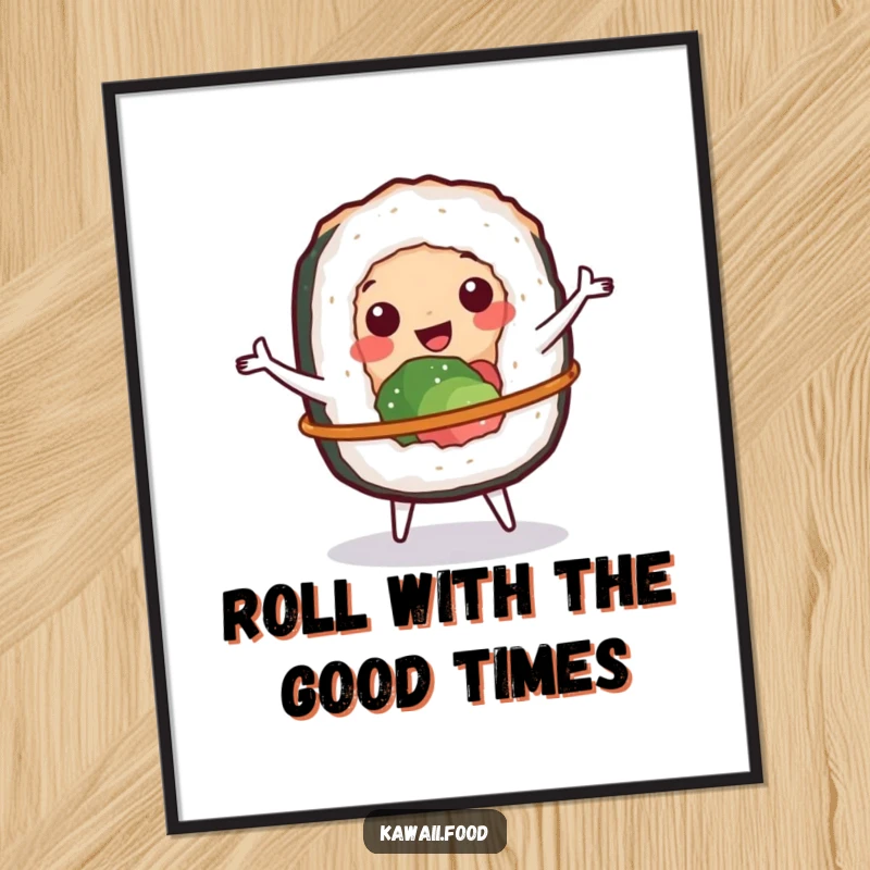 Funny Free Printable Wall Art: Cheerful sushi roll character spins a miniature hula hoop with impressive dexterity and joy.