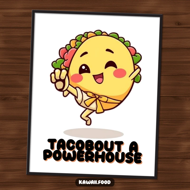 Funny Free Printable Wall Art: Happy taco character with legs performs an enthusiastic karate kick, embodying delicious energy.