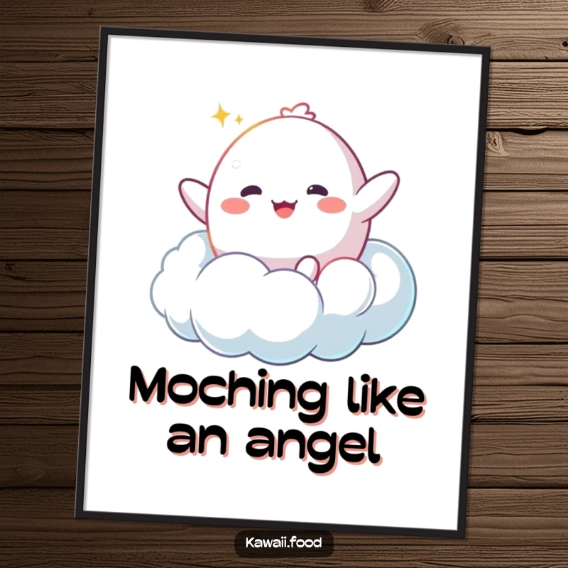 Funny free printable wall art of a happy mochi character bouncing enthusiastically high on a soft, fluffy cloud.