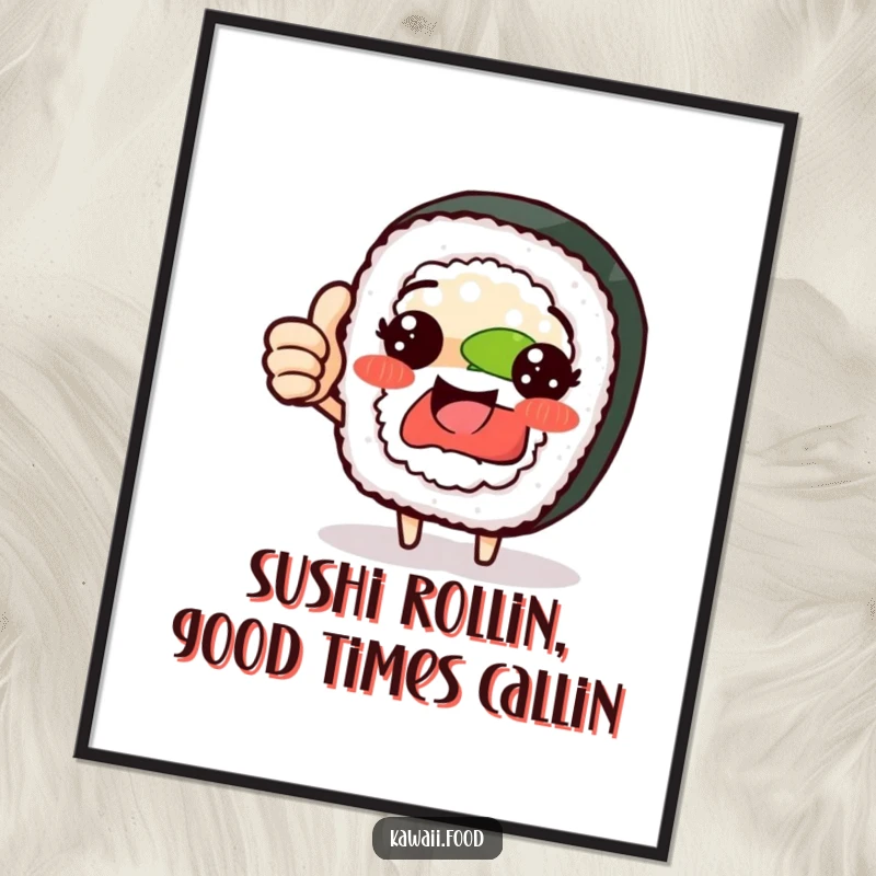 Funny Free Printable Wall Art: Proud sushi roll character giving a thumbs up, adding playful food art to the room.