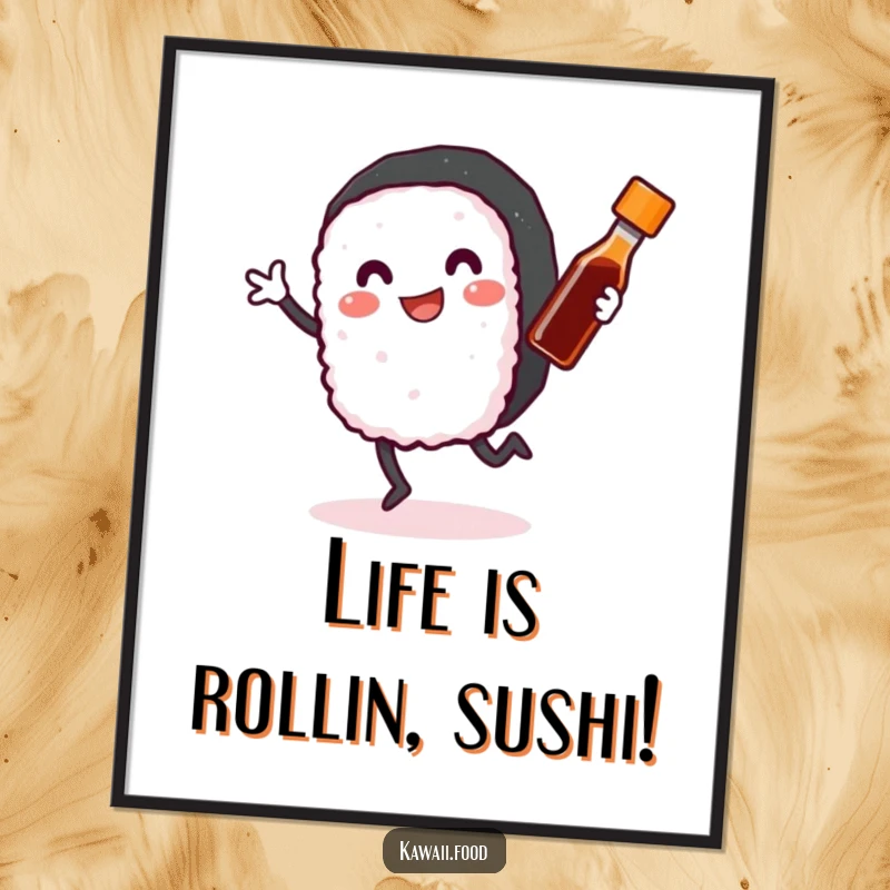 Funny free printable wall art of a smiling sushi roll with arms and legs dancing happily with a tiny soy sauce bottle.