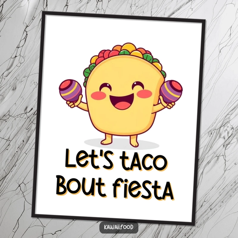 Funny free printable wall art: A smiling taco character energetically shaking tiny maracas, vibrant and festive downloadable decor.