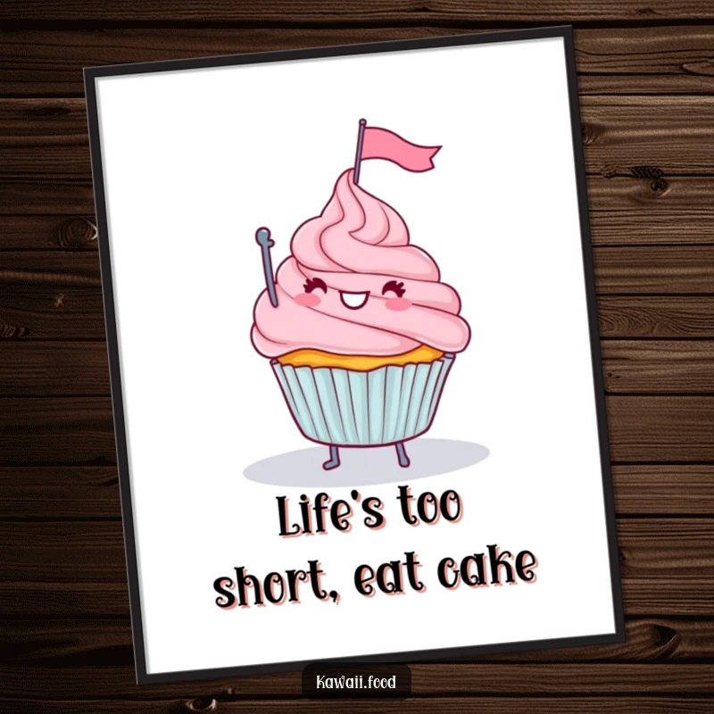 Funny Free Printable Wall Art: A happy cupcake with legs waves a tiny flag from a snowy frosting mountain, bringing smiles.