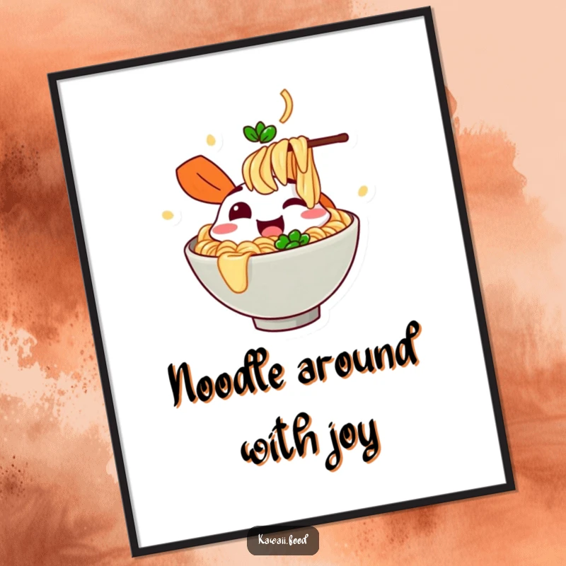 Funny free printable wall art: A cheerful ramen bowl character in the act of gleefully slurping imaginary noodles, whimsical decor.
