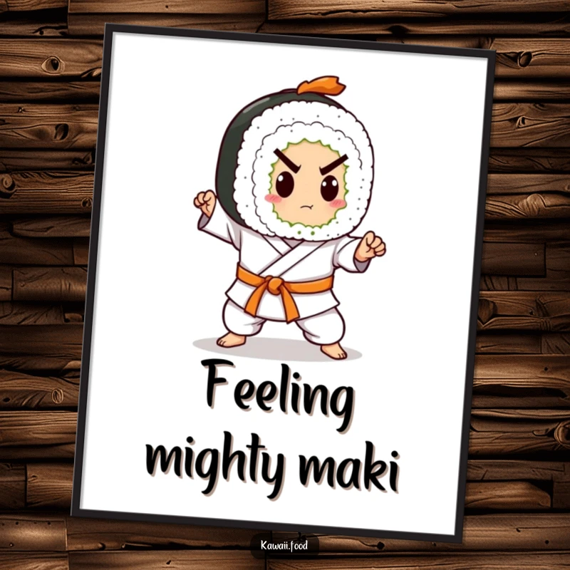 Funny Free Printable Wall Art: A determined sushi roll character wearing a karate belt practicing a powerful chop.