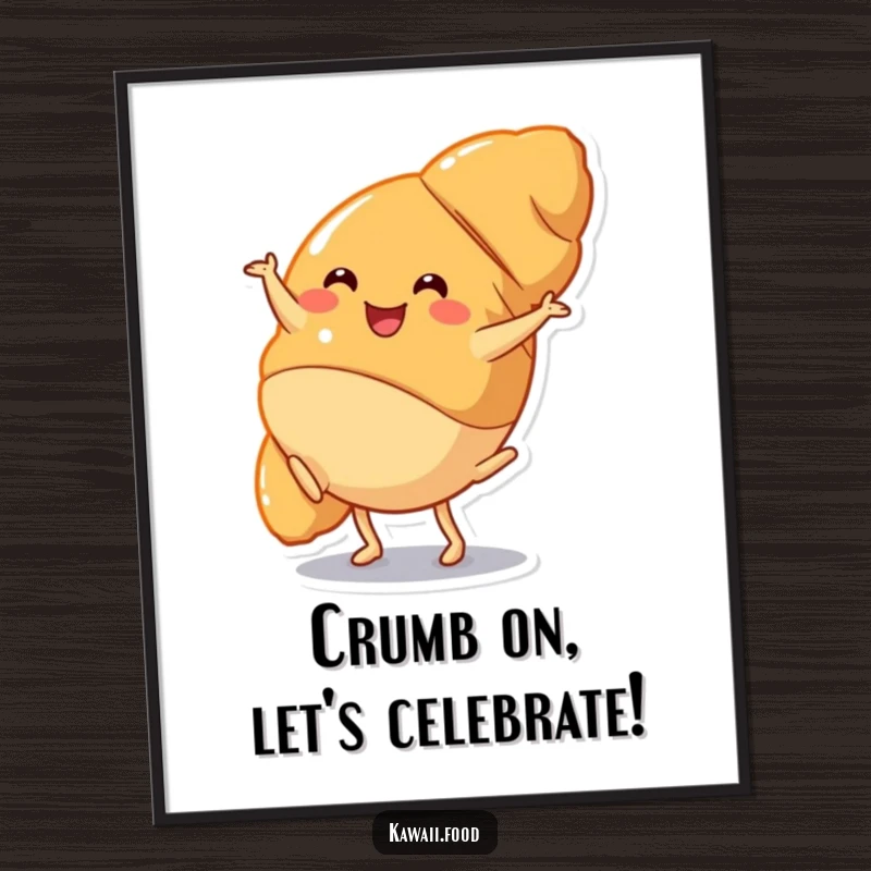 Funny Free Printable Wall Art: A happy croissant character is captured mid-cartwheel, full of pastry-powered energy.